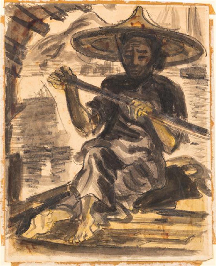 Marion Greenwood, (American, 1909-1970), Chinese: Marion Greenwood (American, 1909-1970) Chinese Fisherman ink wash on paper signed Marion Greenwood (lower left) 11 x 8 5/8 inches. Estimate $60-80 Tape adhered to edges, foxing and sun damage througho