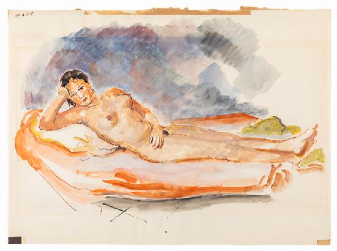 Bernard Karfiol, (Hungarian-American, 1886-1952), Cuban: Bernard Karfiol (Hungarian-American, 1886-1952) Cuban Nude watercolor on paper signed B. Karfiol (lower right) 11 x 15 inches. Estimate $60-80 Minor warping of paper due to medium, minor sun damage an