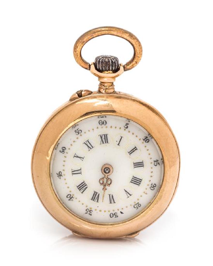 * A Victorian Silver Topped 18 Karat Pink Gold,: * A Victorian Silver Topped 18 Karat Pink Gold, Sapphire and Diamond Pendant Watch, French, 25.00 mm case diameter, white dial with gilt accents, Roman numerals with Arabic outer chapter ring calibrat