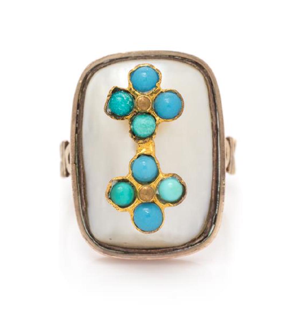 An Antique Rose Gold, Gilt Silver, Mother-of-Pearl and: An Antique Rose Gold, Gilt Silver, Mother-of-Pearl and Turquoise Ring, containing one rectangular cabochon cut mother-of-pearl measuring approximately 20.35 x 14.15 mm, surmounted with a gilt silver f