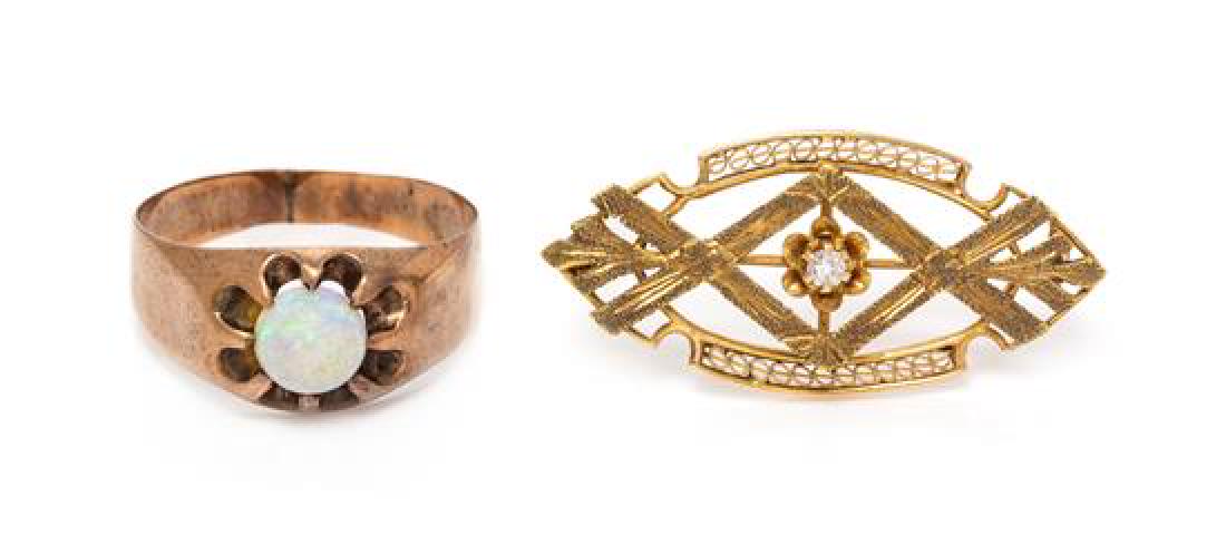 A Collection of Antique Gold Jewelry, 4.00 dwts.: A Collection of Antique Gold Jewelry, consisting of a rose gold ring containing one round cabochon cut opal measuring approximately 6.40 mm in diameter, together with a 14 karat yellow gold openwork b