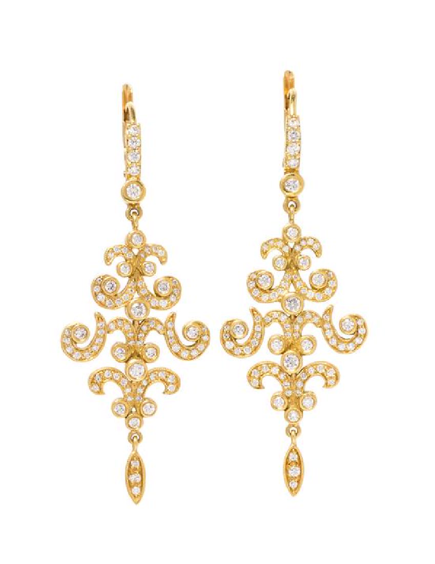 A Pair of 18 Karat Yellow Gold and Diamond Earrings,: A Pair of 18 Karat Yellow Gold and Diamond Earrings, Attributed to Penny Preville, containing 132 round brilliant cut diamonds weighing approximately 1.10 carats total in an articulated chandelier des