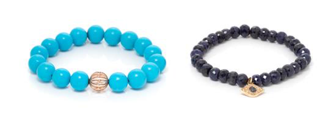 A Collection of Gold, Diamond and Gemstone Bead: A Collection of Gold, Diamond and Gemstone Bead Bracelets, Sydney Evan, consisting of a bracelet containing a rose gold open sphere bead with eight round brilliant cut diamonds and 17 round turquoise