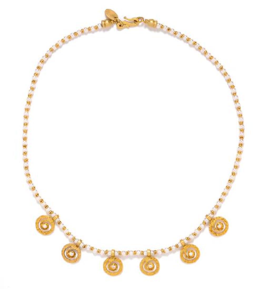 An 18 Karat Yellow Gold, Diamond and Cultured Pearl: An 18 Karat Yellow Gold, Diamond and Cultured Pearl Bead Necklace, Caroline Ballou, consisting of six gold hammered swirl pendants containing six round brilliant cut diamonds weighing approximately 0.