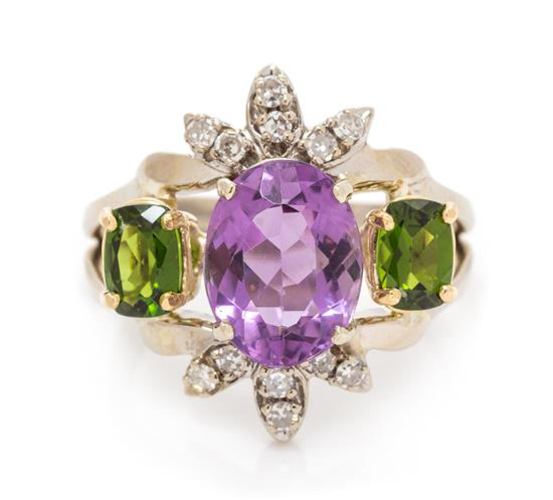 A 14 Karat Bicolor Gold, Amethyst, Chrome Diopside and: A 14 Karat Bicolor Gold, Amethyst, Chrome Diopside and Diamond Ring, containing one oval shape mixed cut amethyst measuring approximately 11.13 x 8.53 mm, two oval shape mixed cut chrome diopside meas