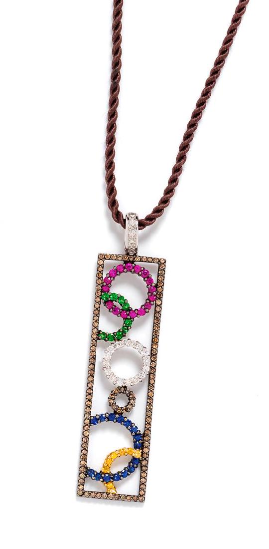 An 18 Karat White Gold, Diamond, Colored Diamond,: An 18 Karat White Gold, Diamond, Colored Diamond, Tsavorite Garnet and Multicolored Sapphire Pendant/Necklace, consisting of a pendant containing 21 round brilliant cut diamonds weighing approximately