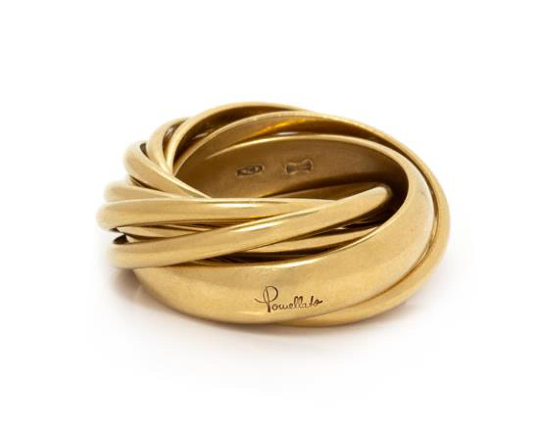 An 18 Karat Yellow Gold Rolling Ring, Pomellato, 15.60: An 18 Karat Yellow Gold Rolling Ring, Pomellato, consisting of one gold band measuring approximately 4.95 mm wide interlocked with ten gold bands measuring approximately 2.00 mm wide. Stamp: Pomellato
