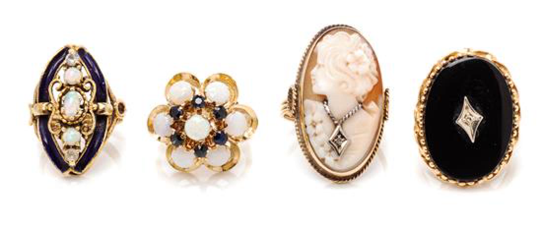 A Collection of Yellow Gold, Opal, Onyx, Shell Cameo: A Collection of Yellow Gold, Opal, Onyx, Shell Cameo and Enamel Rings, consisting of a ring containing one oval shape onyx plaque measuring approximately 24.80 x 17.75 mm and one round single cut diam