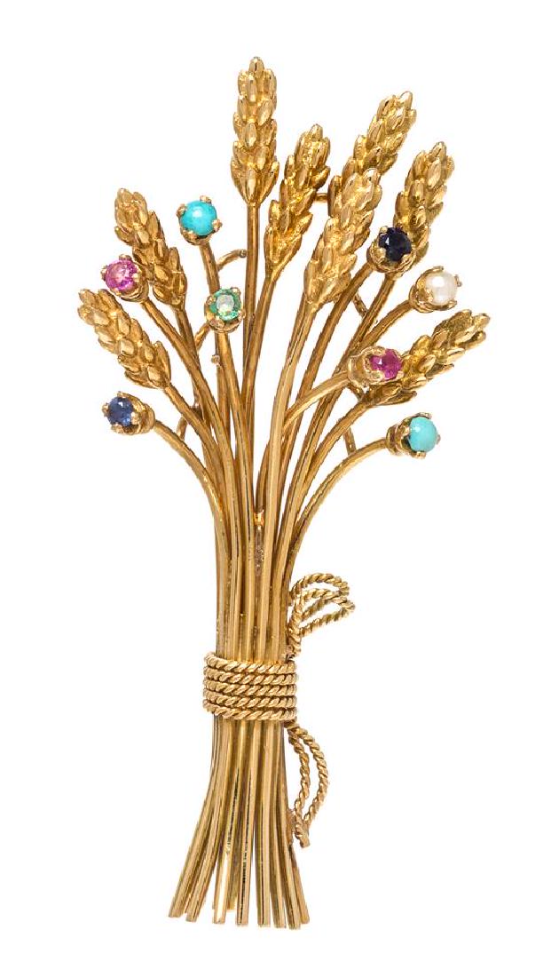 An 18 Karat Yellow Gold and Multigem Wheat Sheath: An 18 Karat Yellow Gold and Multigem Wheat Sheath Brooch, J. Rossi, containing two round cabochon cut turquoise measuring approximately 3.00 mm in diameter, two round mixed cut rubies measuring approx