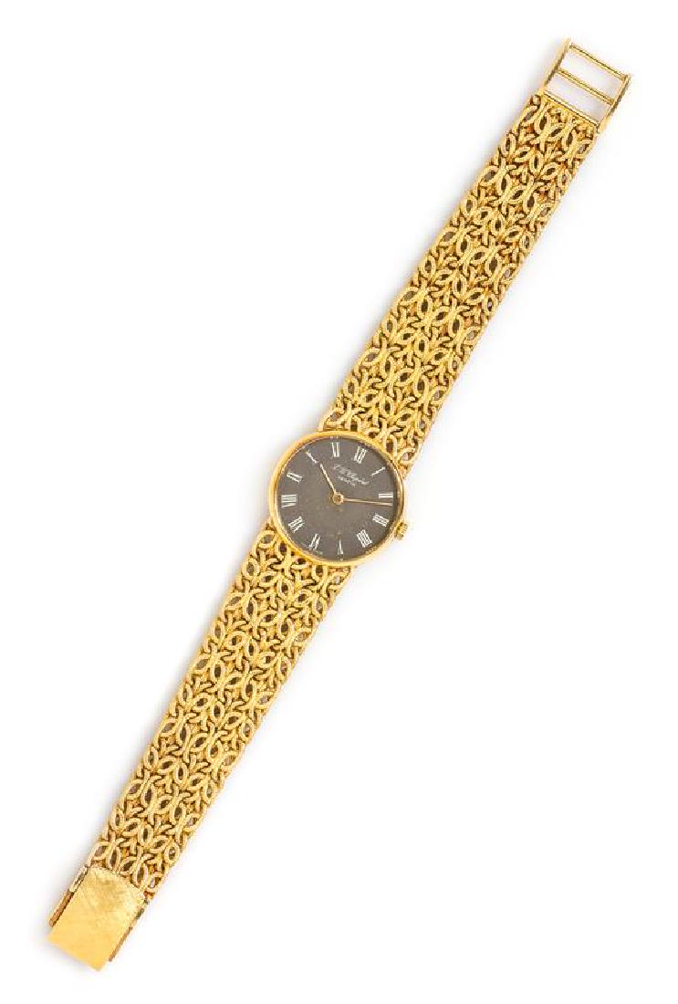 An 18 Karat Yellow Gold Ref. 4008 Wristwatch, Chopard,: An 18 Karat Yellow Gold Ref. 4008 Wristwatch, Chopard, 23.00 mm case diameter, matte grey dial signed L-U. Chopard, white Roman numerals, gold pencil hands, snap on case back, 17 jewel manual wind mov