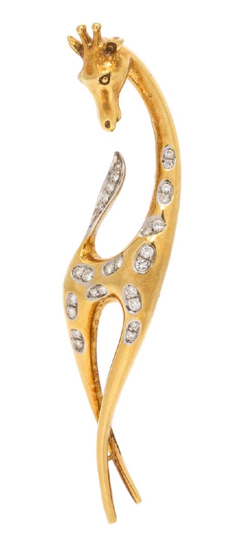 An 18 Karat Bicolor Gold and Diamond Giraffe Brooch,: An 18 Karat Bicolor Gold and Diamond Giraffe Brooch, Damiani, designed as a stylized giraffe containing 27 round brilliant cut diamonds weighing approximately 0.81 carat total. Stamp: ITALY MANN (make