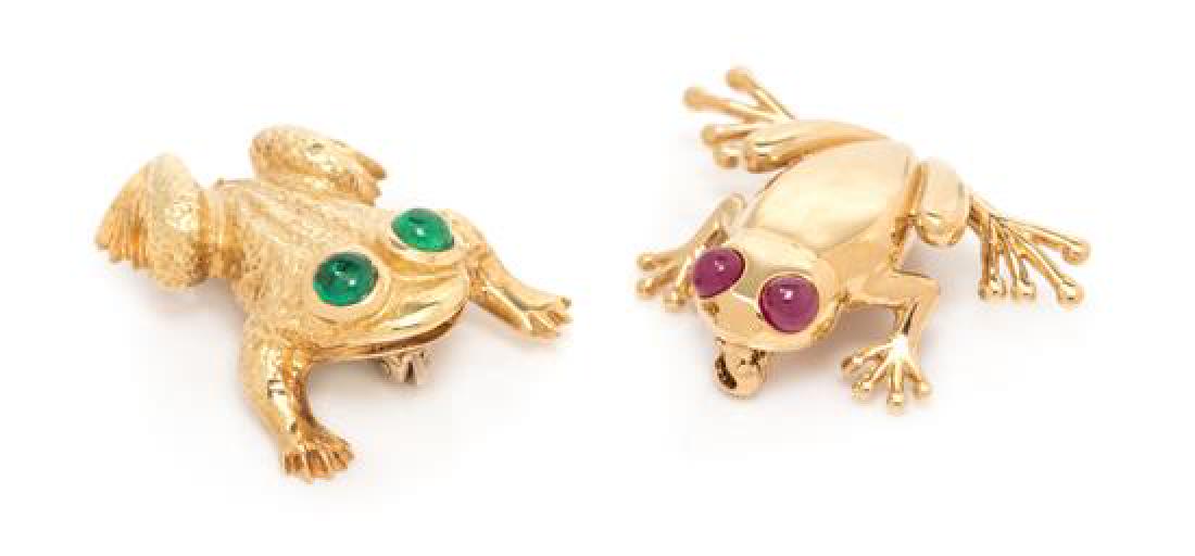 A Collection of 14 Karat Yellow Gold, Ruby and Emerald: A Collection of 14 Karat Yellow Gold, Ruby and Emerald Frog Brooches, consisting of a brooch containing two round cabochon cut emeralds measuring approximately 3.55 mm in diameter with hammered finish