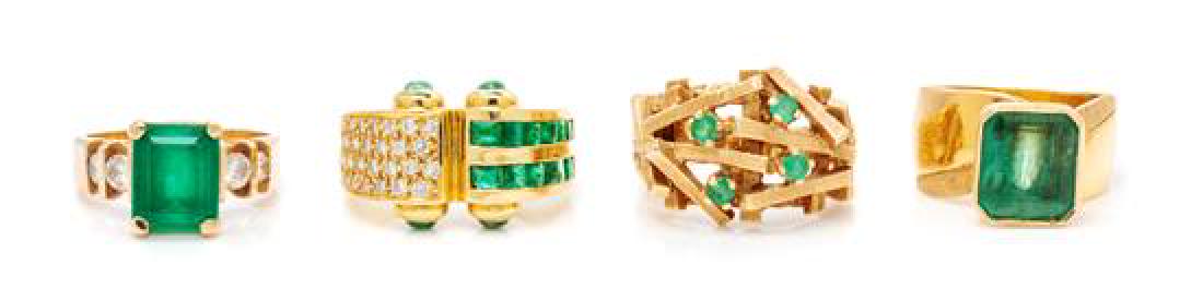 A Collection of Yellow Gold, Emerald, Emerald Triplet: A Collection of Yellow Gold, Emerald, Emerald Triplet and Diamond Rings, consisting of an 18 karat yellow gold ring containing four round cabochon cut emeralds measuring approximately 2.60 mm in diame