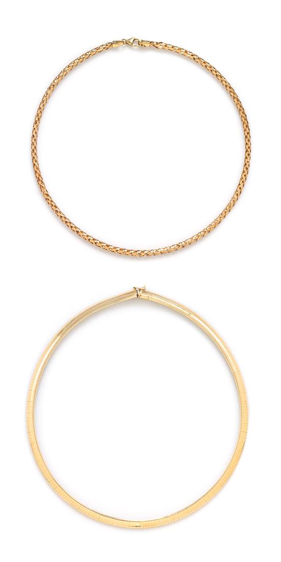 *A Collection of 14 Karat Yellow Gold Collar Necklaces,: *A Collection of 14 Karat Yellow Gold Collar Necklaces, Italian, consisting of a flexible woven tube necklace with an adjustable length measuring approximately 3.00 mm wide, together with an omega cha