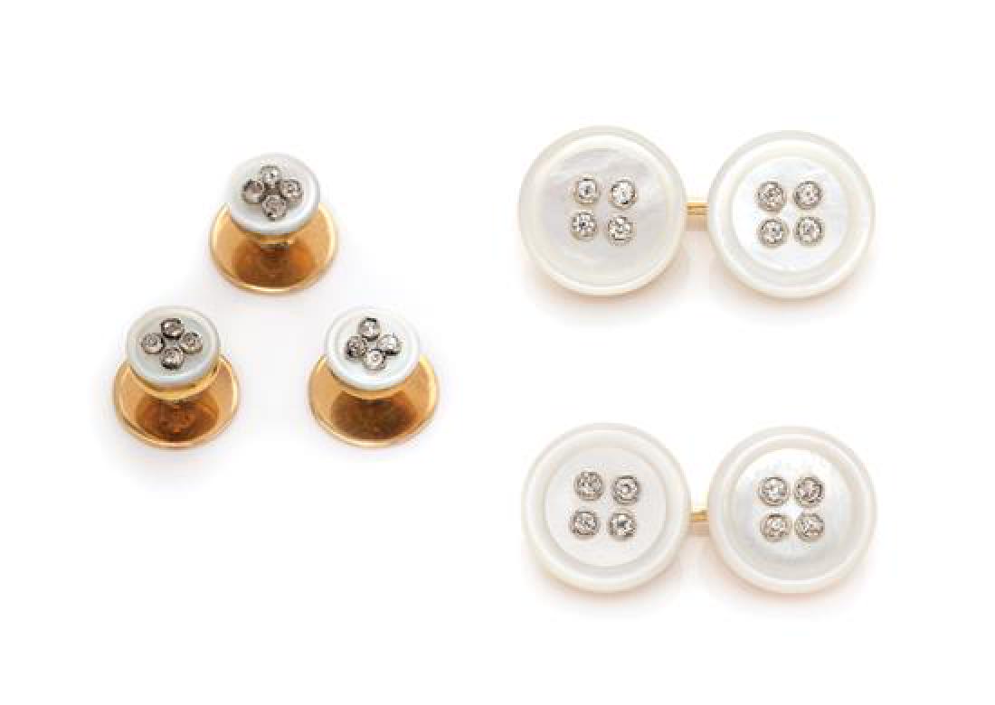 An Edwardian 14 Karat Rose Gold, Platinum,: An Edwardian 14 Karat Rose Gold, Platinum, Mother-of-Pearl and Diamond Dress Set, consisting of a pair of cufflinks containing two mother-of-pearl button plaques measuring approximately 13.16 mm in di