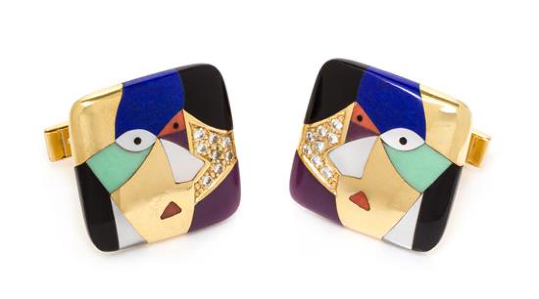 A Pair of 14 Karat Yellow Gold, Multigem and Diamond: A Pair of 14 Karat Yellow Gold, Multigem and Diamond Cufflinks, Asch Grossbardt, consisting of inlaid lapis lazuli, onyx, mother-of-pearl, purple jade, coral and turquoise and 16 round brilliant cut d
