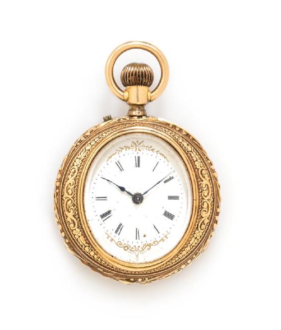 * A 14 Karat Yellow Gold Open Face Pocket Watch, 18.40: * A 14 Karat Yellow Gold Open Face Pocket Watch, 32.00 mm case diameter, white dial with gilt accents, Roman numerals, blued steel spade hands, personalized cuvette, foliate motif engraved with blank 