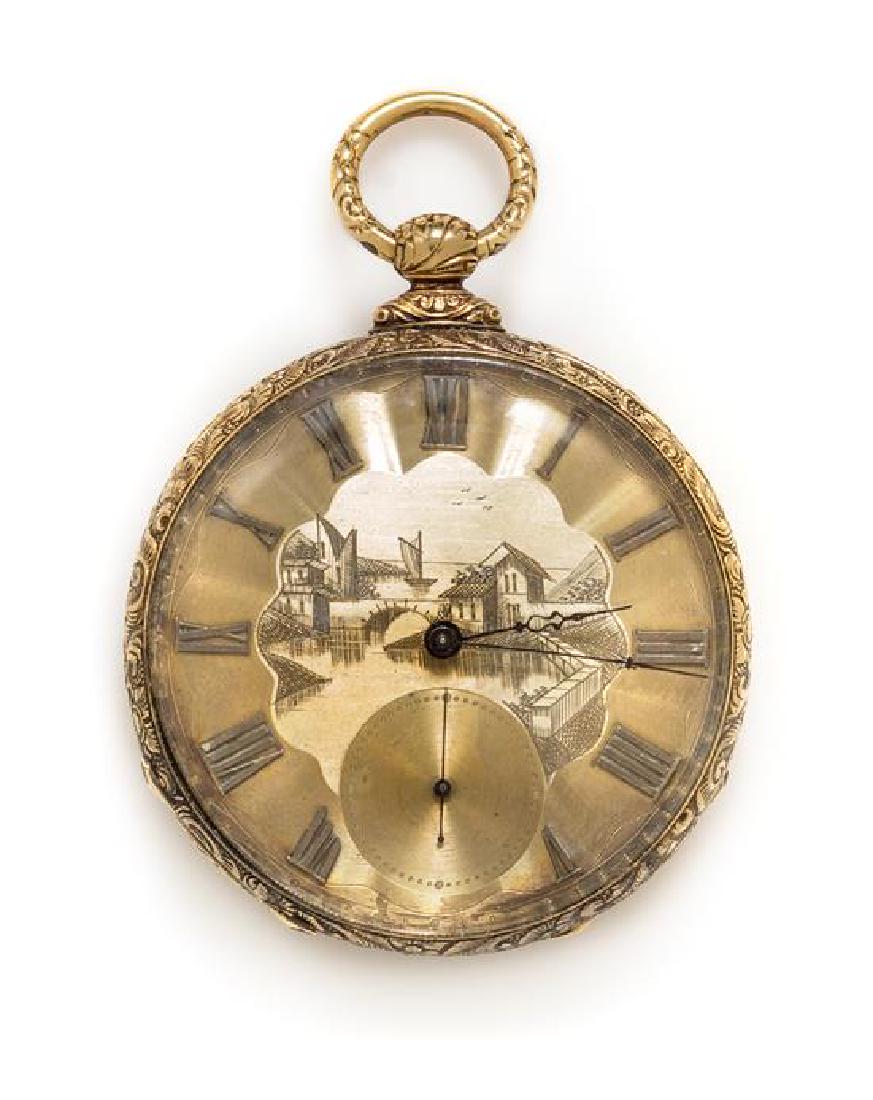 * A Yellow Gold Open Face Pocket Watch, M. J. Tobias,: * A Yellow Gold Open Face Pocket Watch, M. J. Tobias, 48.00 mm case diameter, single-sunk dial engraved with central village and outer ring with engraved wavy consecutive cut pattern, applied Roman nu