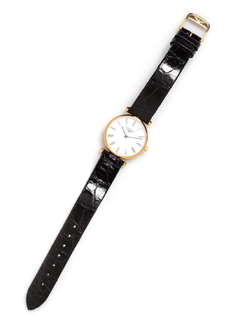A Gold Plated 'La Grande Classiques' Wristwatch,: A Gold Plated 'La Grande Classiques' Wristwatch, Longines, 23.00 mm case diameter, white dial signed LONGINES, black Roman numerals, black pencil hands, polished round bezel, case back affixed with si