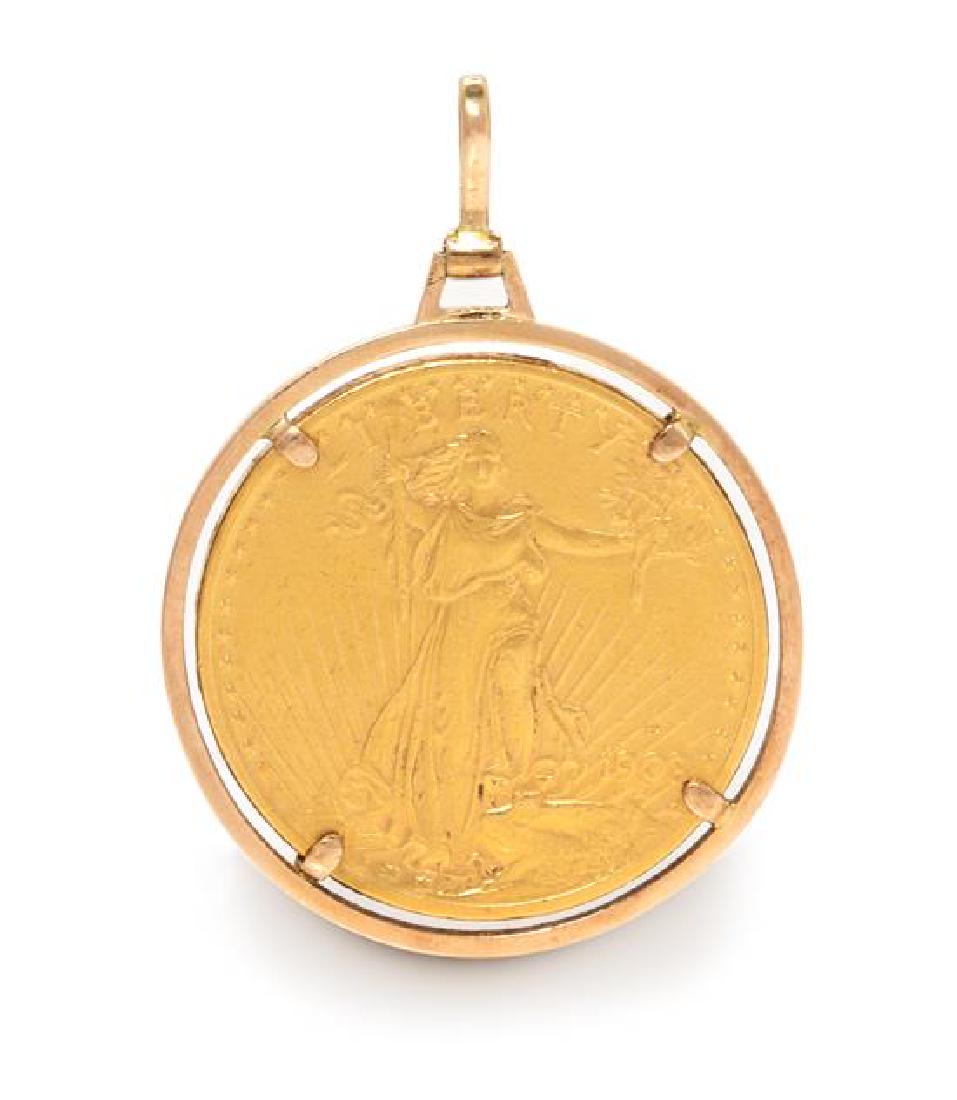 A Yellow Gold and Liberty Coin Pendant, 23.80 dwts.: A Yellow Gold and Liberty Coin Pendant, containing one Liberty $20 gold coin, dated 1908. Stamp: 585. 23.80 dwts. Estimate $1,000-2,000 24 karat gold coin with 14 karat yellow gold mountings.