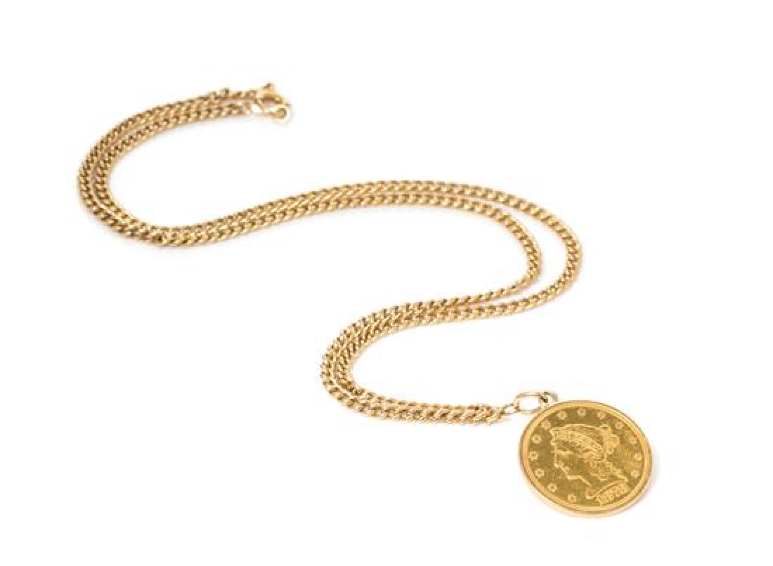 A Liberty Coin Pendant Necklace, 6.60 dwts.: A Liberty Coin Pendant Necklace, consisting of a 2.50 dollar Liberty coin, dated 1878 suspended from a curb link chain. Stamp: R14K. 6.60 dwts. Estimate $200-300