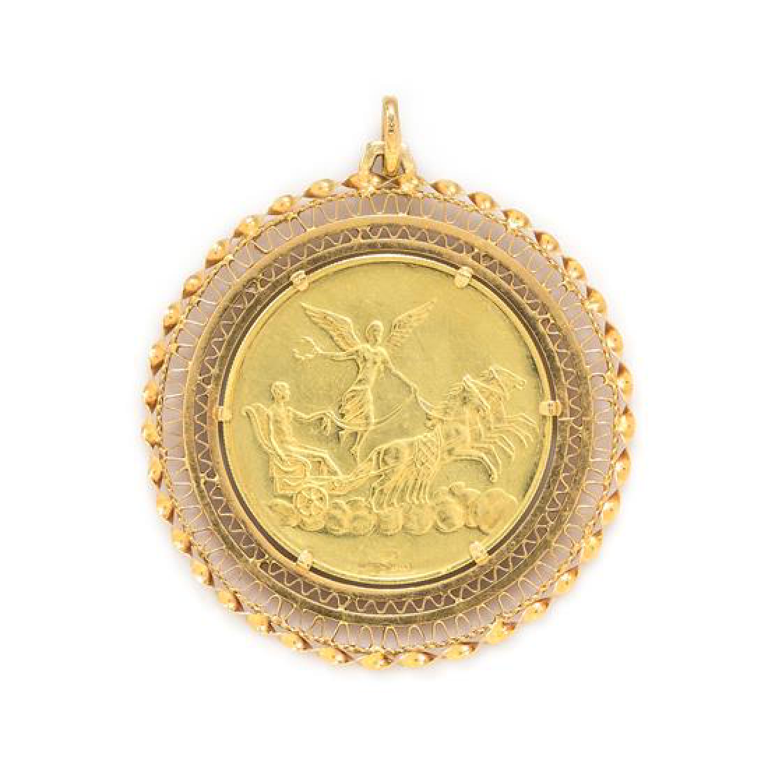*An 18 Karat Yellow Gold 'Gemini' Coin Pendant,: *An 18 Karat Yellow Gold 'Gemini' Coin Pendant, Giampaoli for UnoAErre, consisting of a Gemini motif coin with a chariot and winged angel on the reverse set within an 18 karat twisted wire bezel measu