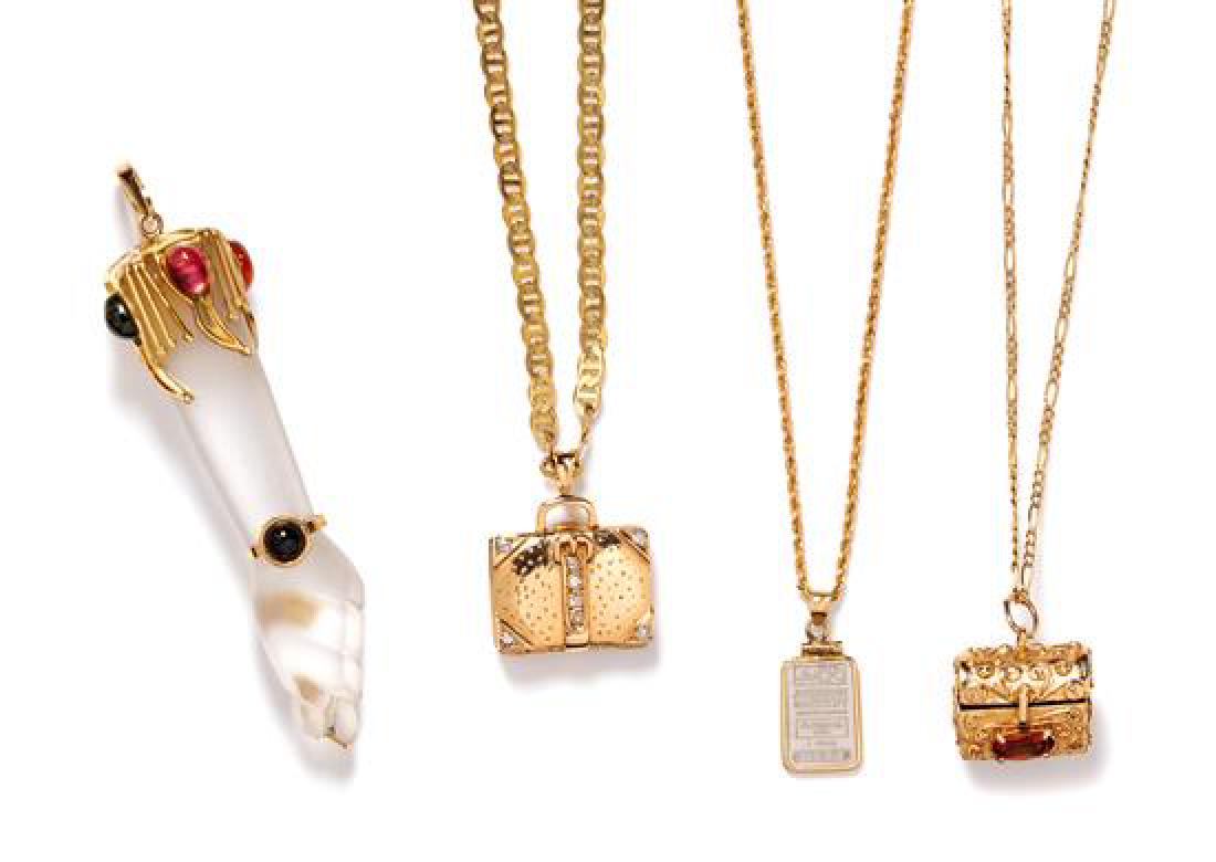 A Collection of Yellow Gold and Gemstone: A Collection of Yellow Gold and Gemstone Pendants/Chains, consisting of a 14 karat yellow gold suitcase motif locket containing eight round mixed cut rubies and eight round brilliant and single cut di