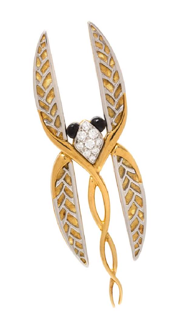 A Platinum, 18 Karat Yellow Gold, Diamond and Onyx: A Platinum, 18 Karat Yellow Gold, Diamond and Onyx Insect Brooch, Michael Bondanza, containing nine round brilliant cut diamonds weighing approximately 0.22 carat total and two half-moon shape onyx ey