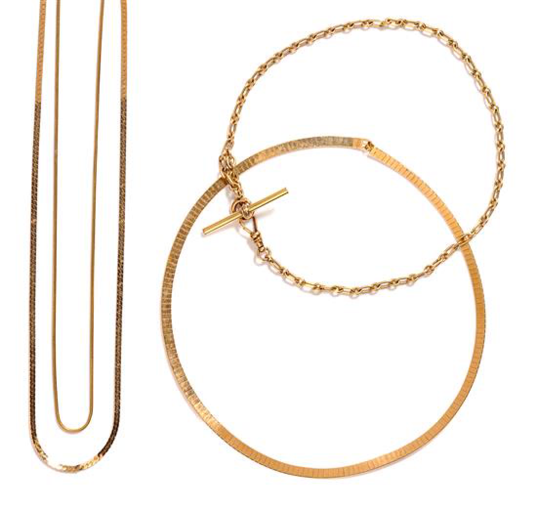 A Collection of 14 Karat Yellow Gold Chain Necklaces,: A Collection of 14 Karat Yellow Gold Chain Necklaces, consisting of an omega chain necklace measuring approximately 4.40 mm wide, a snake chain necklace measuring approximately 1.40 mm wide, a cable c