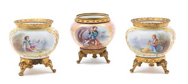 Three Sevres Style Porcelain Gilt Bronze Mounted Bowls (1 of 1)