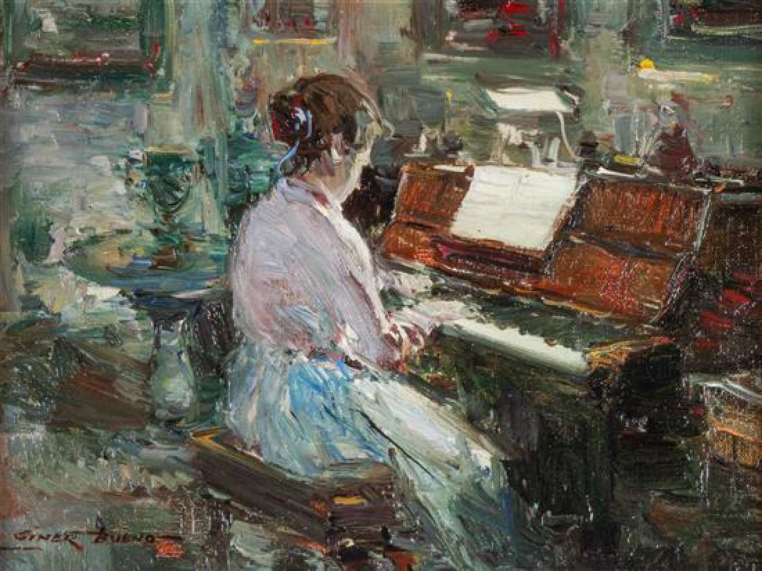 Giner Bueno 8 1/2 x 11 1/2 inches: Giner Bueno (spanish, b. 1935) Girl Playing the Harpsichord, oil on canvas, signed Giner Bueno (lower left) 8 1/2 x 11 1/2 inches Estimate $300-500