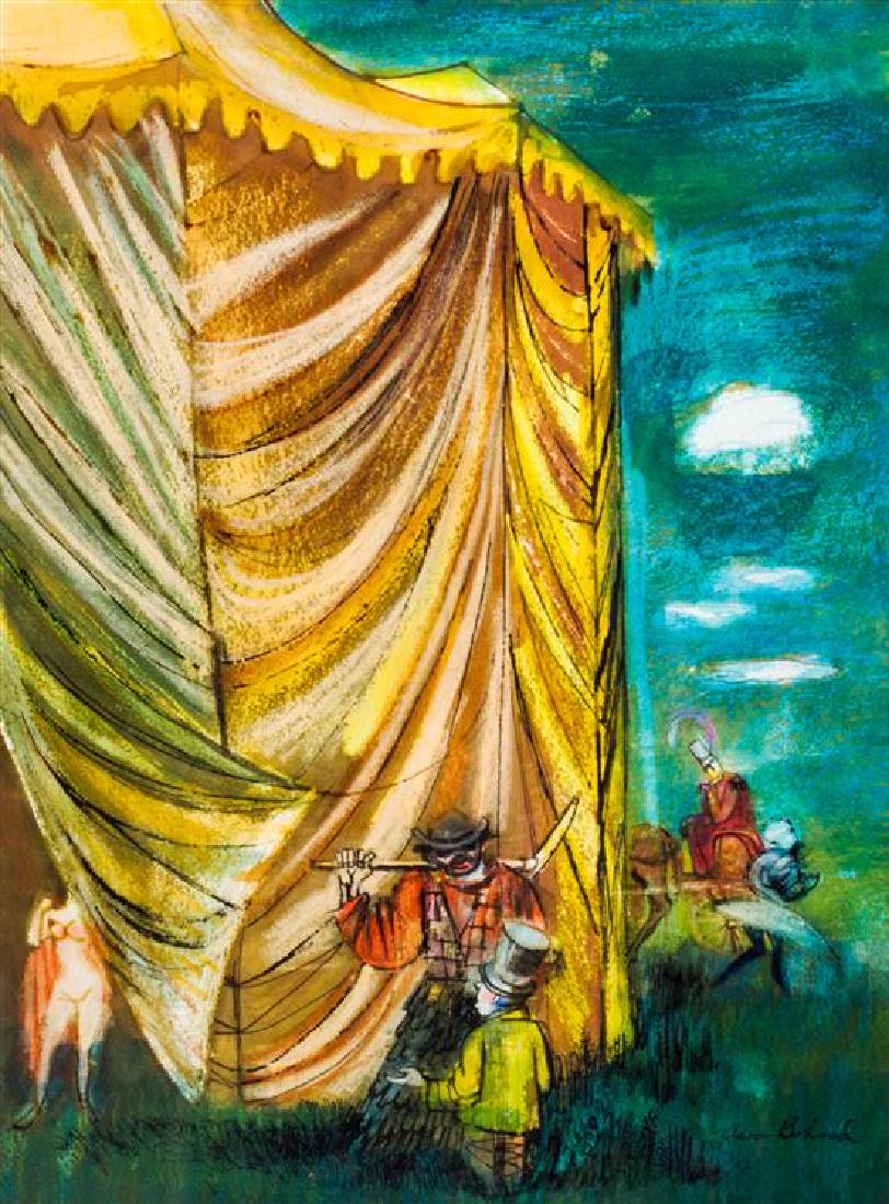 Aaron Bohrod 15 1/2 x 11 1/2 inches: Aaron Bohrod (american, 1907-1992) Circus Scene, gouache and ink on paper, signed Aaron Bohrod (lower right) 15 1/2 x 11 1/2 inches Estimate $800-1,200 Property from the Estate of Patrick Henry Jr., S