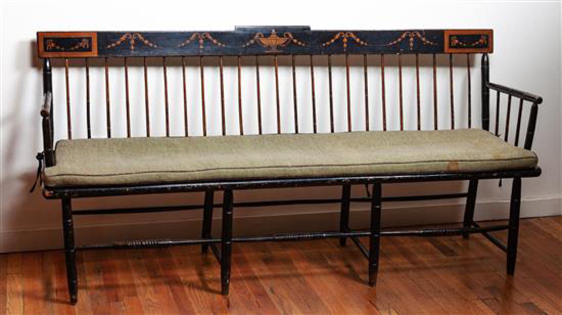 English Black and Gilt Painted Spindle Back Settee (1 of 1)