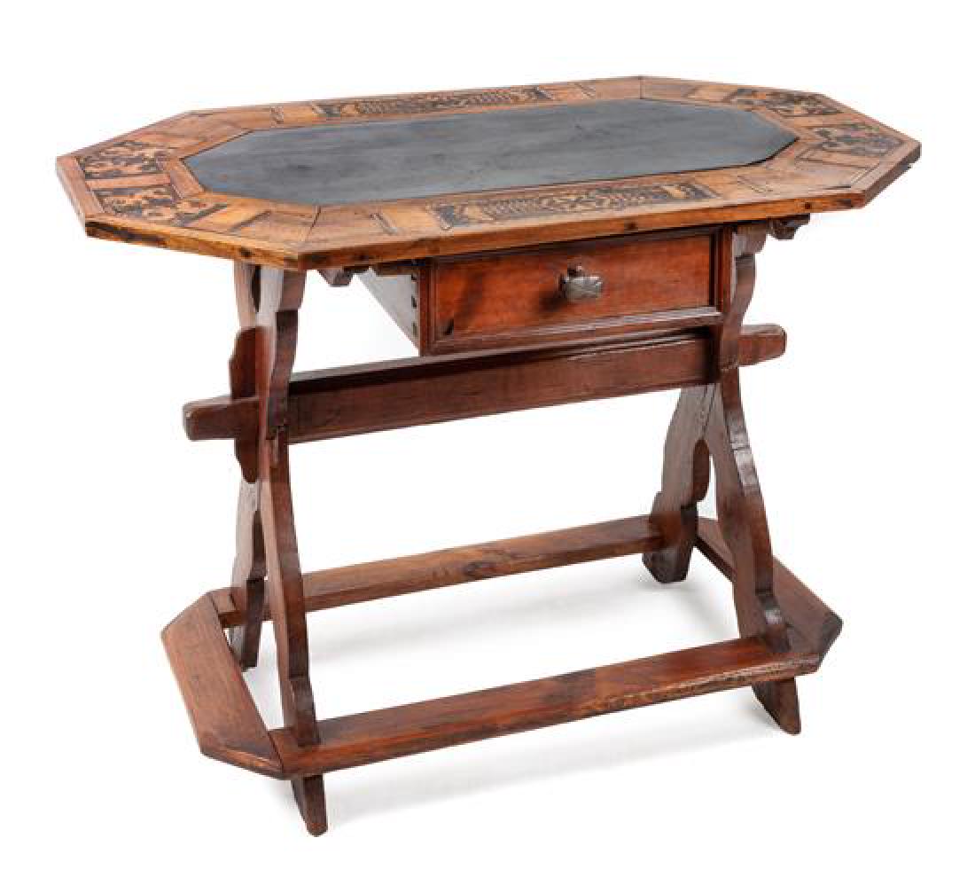 Swiss Marquetry Inlaid Table with Pine Base Height 28 x (1 of 1)
