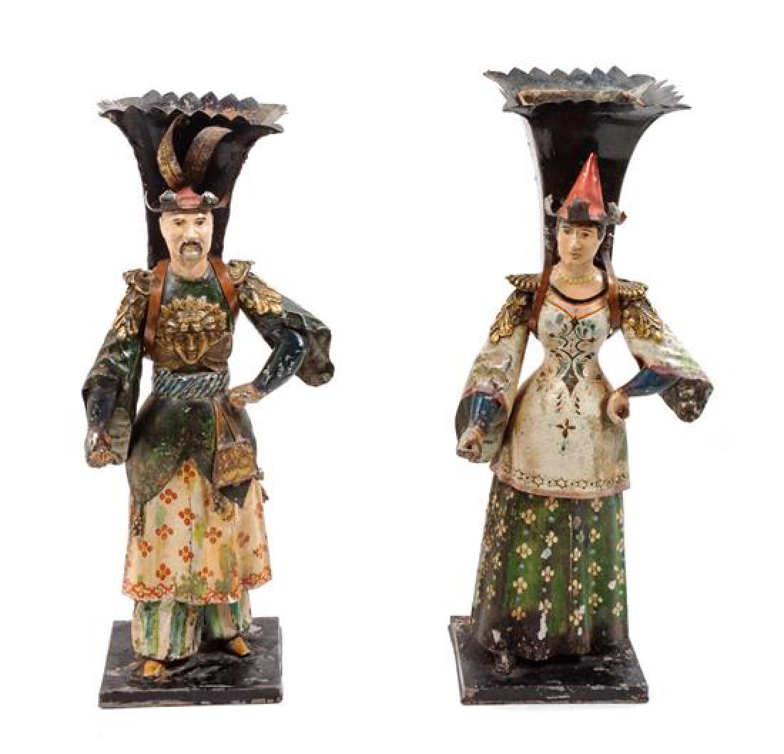 Pair of Polychrome Painted Tole Peinte Figural Flower (1 of 1)