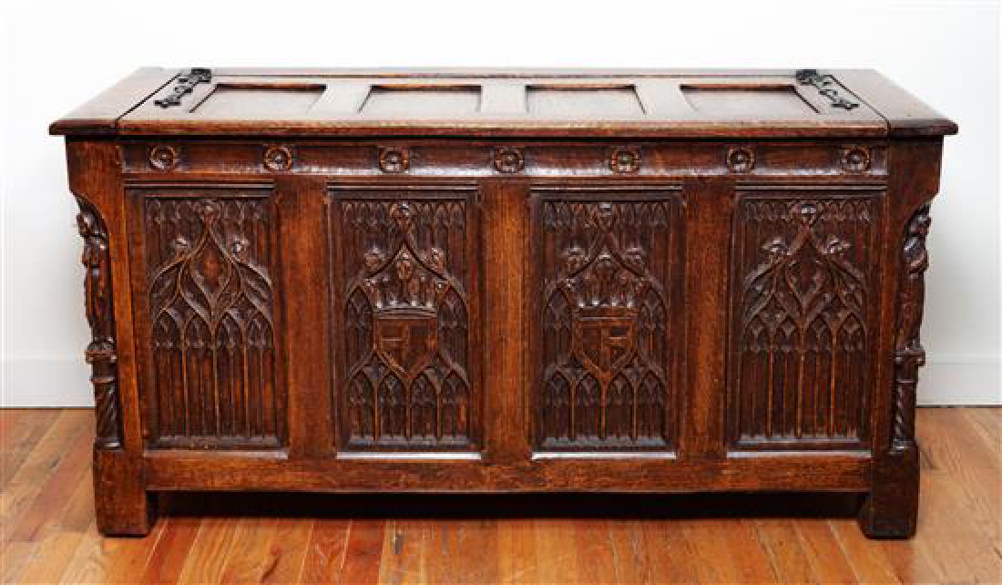 Gothic Revival Carved Oak Coffer Height 25 x width 50 x (1 of 1)