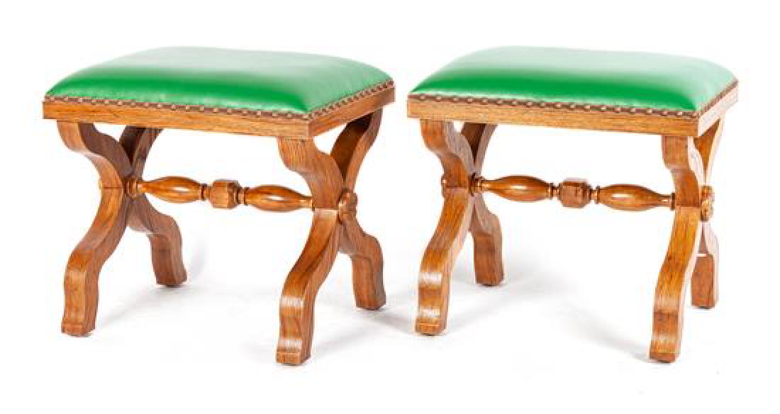 Pair of Upholstered Green Leather and Wooden Stools: Pair of Upholstered Green Leather and Wooden Stools Height 17 1/2 inches Estimate $80-120 Property from the Estate of Patrick Henry Jr., Snowmass, Colorado
