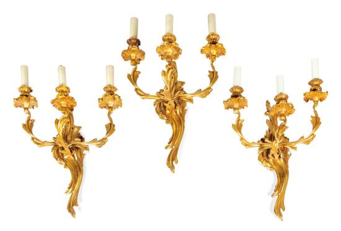 Three Louis XV Style Gilt Bronze Three-Light Sconces (1 of 1)