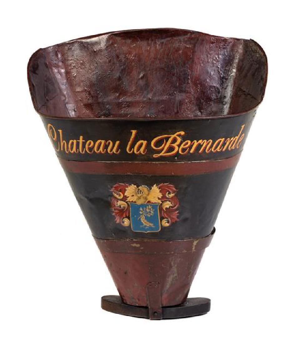 A French Painted Winery Funnel Height 30 1/2 inches.: A French Painted Winery Funnel late 19th/early 20th century Chateau la Bernarde, painted to show a coat-of-arms. Height 30 1/2 inches. Estimate $400-600 Property from the Estate of Arlene Goodes, Scot