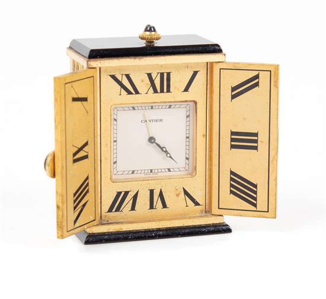 A Miniature French Gilt Metal Desk Clock Height 2 1/8 x (1 of 2)