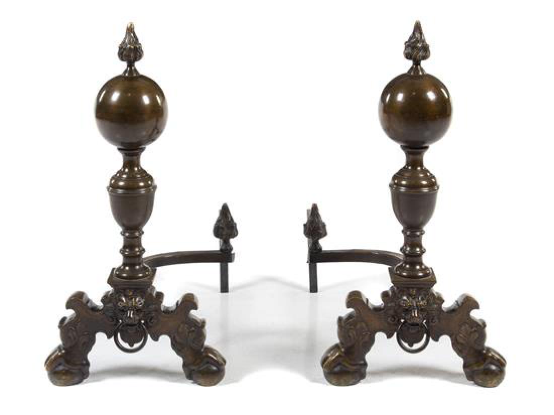 A Pair of Continental Bronze Andirons Height 27 3/4: A Pair of Continental Bronze Andirons late 19th/early 20th century Height 27 3/4 inches. Estimate $600-800