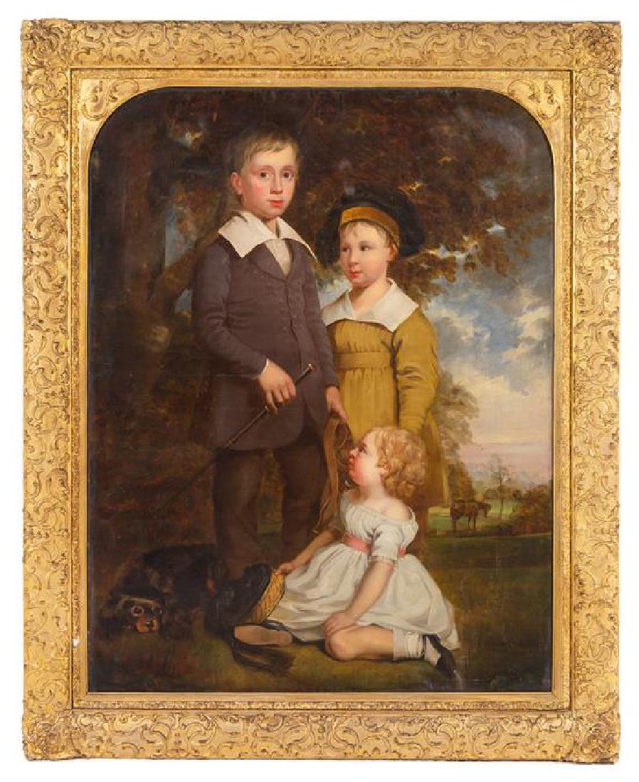 British School, (Likely 18th Century), Portrait of: British School (Likely 18th Century) Portrait of Three Children oil on canvas 52 1/2 x 40 1/2 inches. Estimate $1,000-2,000 Frame: 62 1/2 x 50 1/2 inches.