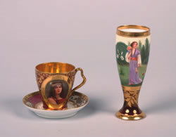 Three Royal Vienna Style Porcelain Table Articles: Three Royal Vienna Style Porcelain Table Articles, including a hand painted vase signed Bernard with overglaze beehive mark, a teacup with portrait of Cleopatra with spurious overglaze beehive mark an