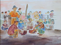 Millard Sheets, (American, 1907-1989), Cockfight: Millard Sheets (American, 1907-1989) Cockfight double sided watercolor signed and dated '44