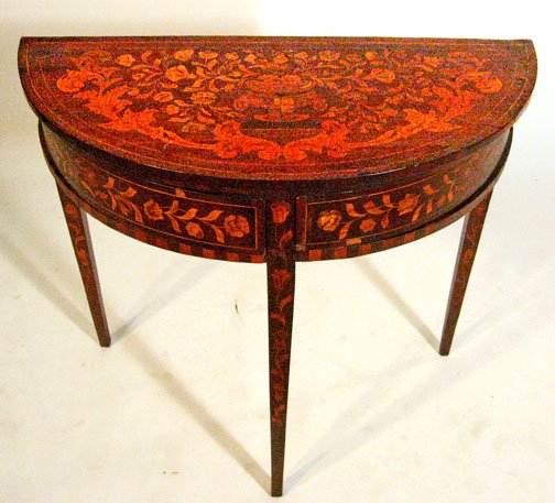Dutch marquetry demilune side table, late 18th cent