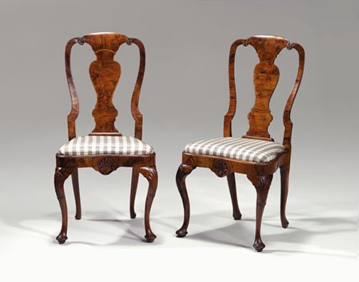 Pair of George II walnut and beech side chairs, cir