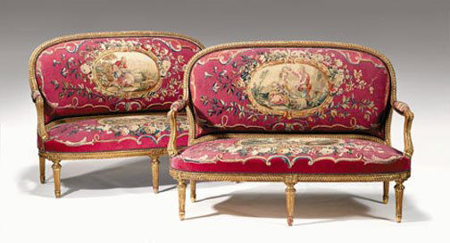 Pair of Louis XVI style giltwood settees, mid 19th: Pair of Louis XVI style giltwood settees mid 19th century In the manner of Jean-Baptiste Sene, each with an Aubusson tapestry upholstered back and seat, the horseshoe shaped padded backrest continuing