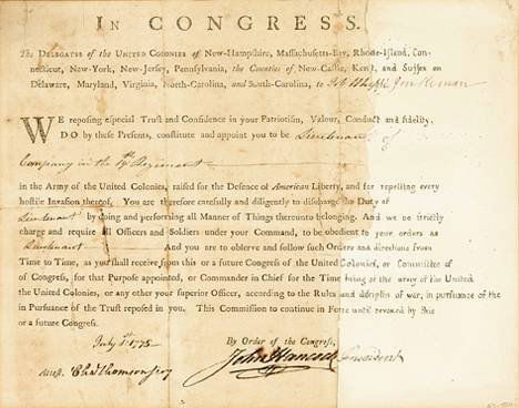 1 piece. Document Signed. Hancock, John. N.p., Ju: 1 piece. Document Signed. Hancock, John. N.p., July 1, 177[?]. 1 p., folio. Appointing John Whipple Lieutenant in The Army of The United Colonies; also signed by Charles Thomson. Dampstained & repaire
