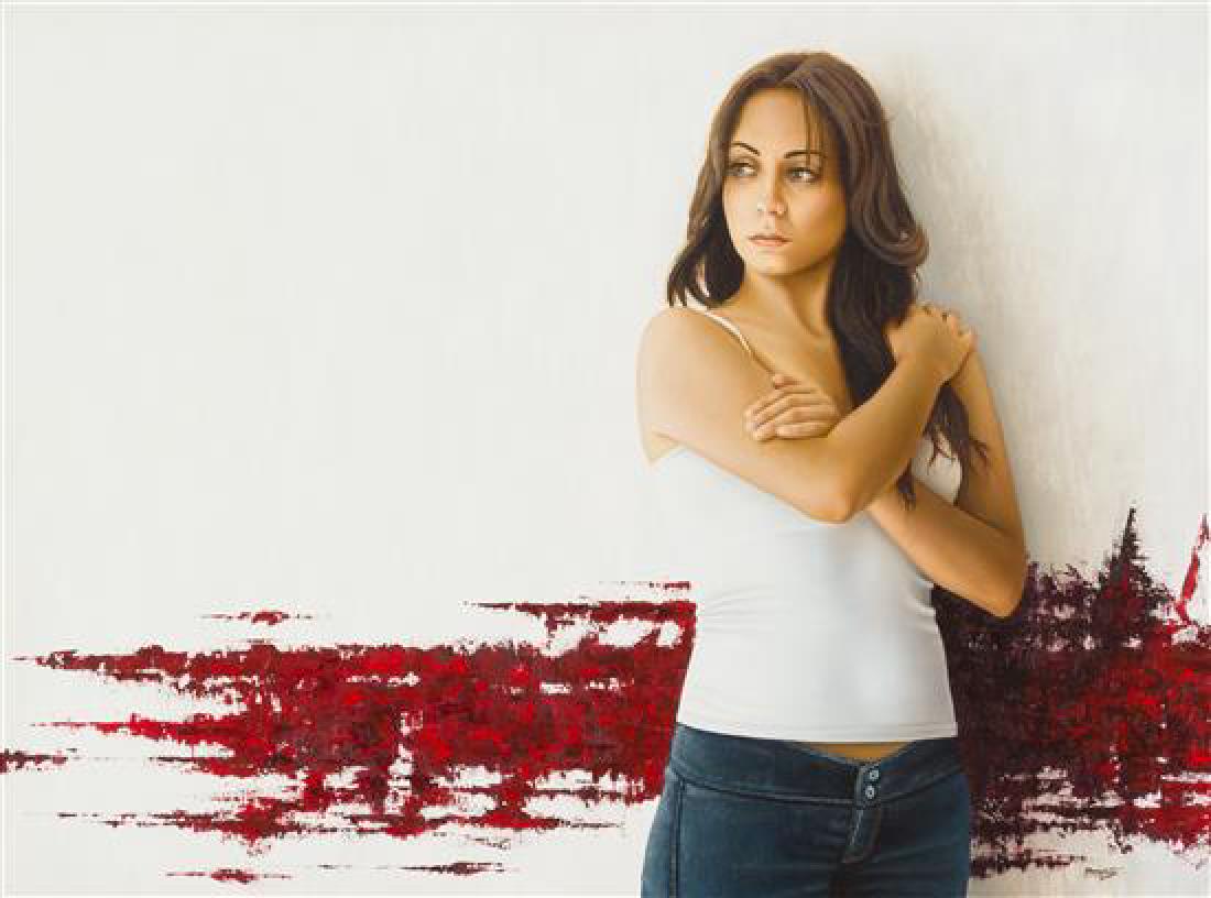 * Omar Ortiz, (Mexican, b. 1977), Shyness, 2009: * Omar Ortiz (Mexican, b. 1977) Shyness, 2009 oil on linen signed, titled, and dated (verso) 35 1/2 x 47 1/2 inches. Estimate $1,000-2,000