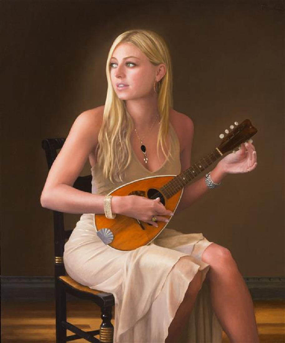 * Charles Pompilius, (American, 20th/21st century),: * Charles Pompilius (American, 20th/21st century) Lute Player, 2006 oil on panel signed Pompilius (upper right) 25 x 20 inches. Estimate $1,000-2,000 Provenance: David Klein Gallery, Birming